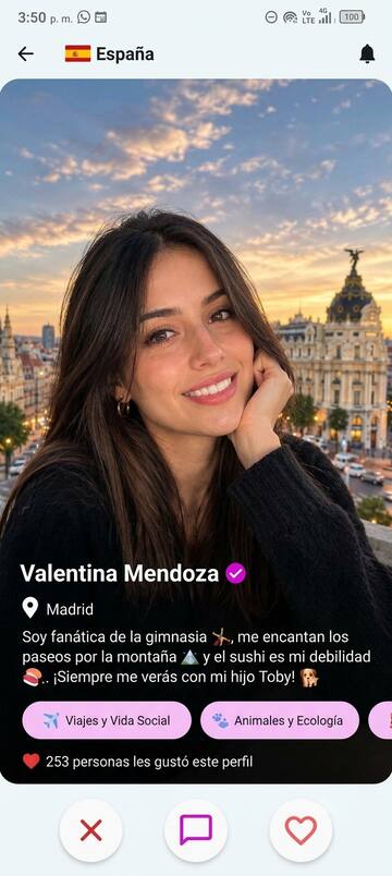 Perfil de Valentina, de Madrid, con sus intereses y botones para conectar