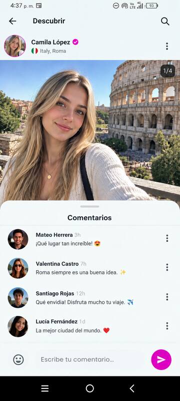 Publicación de una creadora frente al Coliseo con comentarios de otros usuarios