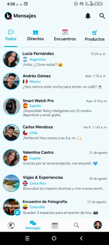 Bandeja de mensajes con conversaciones directas, de encuentros y de productos