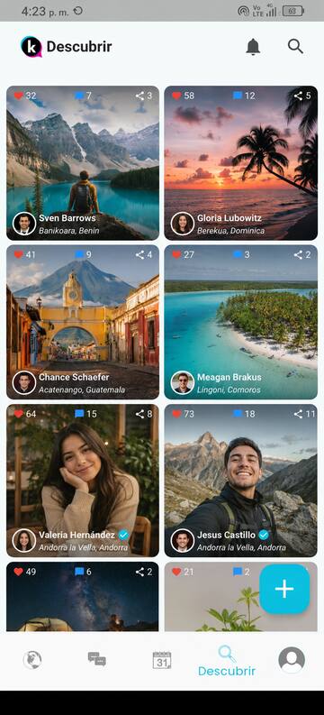 Cuadrícula de fotos de paisajes y personas en la sección Descubrir