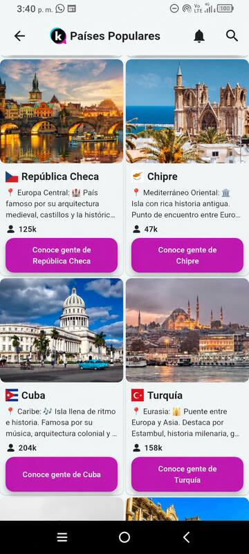 Pantalla «Países populares» de Kroovify con tarjetas de República Checa, Chipre, Cuba y Turquía
